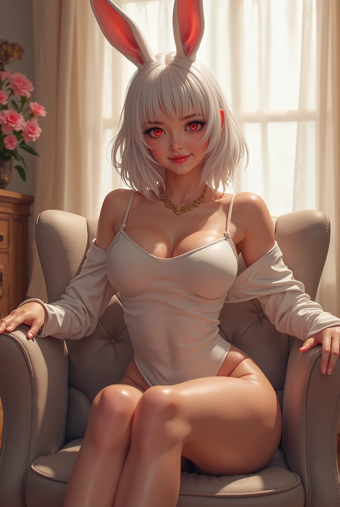 (8K, Best Quality, Masterpiece, Ultra High Definition: 1.2), very beautiful girl, seductive girl, pure emotions, freckles, sexy body, sitting in seductive pose, spreading legs, moaning in pleasure, cat ears, cozy wood chair, focus on hips, bloom, bokeh, magic atmosphere, white panties, wet vagina, Large-size shirt, See-through white shirt, Off-shoulder, small breasts, short hair, messy hair, white hair, red highlights, strikingly beautiful blue eyes with sparkles, symmetrical eyes, Dim Lights, full body shot, front view