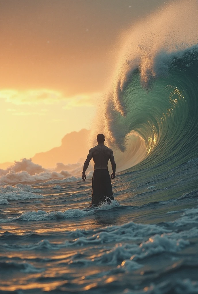 a tall giant creature with a beautiful sea background