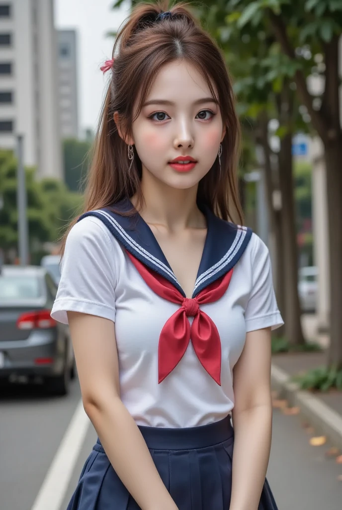 (8k、RAW Photos、highest quality、masterpiece:1.2)、(Realistic、Photorealistic:1.37)、1 girl、Wearing a sailor suit、Roll up your skirt、A large amount of cloudy sperm flows out of the vagina, Protruding areola、Gal、Lots of eyelashes、Eyelid wrinkles、Dark red knee-high socks、Spread your legs、wavy twin tails、Cute Smile、Sweaty body、Attractive body、Plump body、Beautiful and perfect body、V-line emphasis、Put your hands behind your head、Whip Body、Plump body,Chubby、Stripped in the middle of Shibuya's scramble crossing
