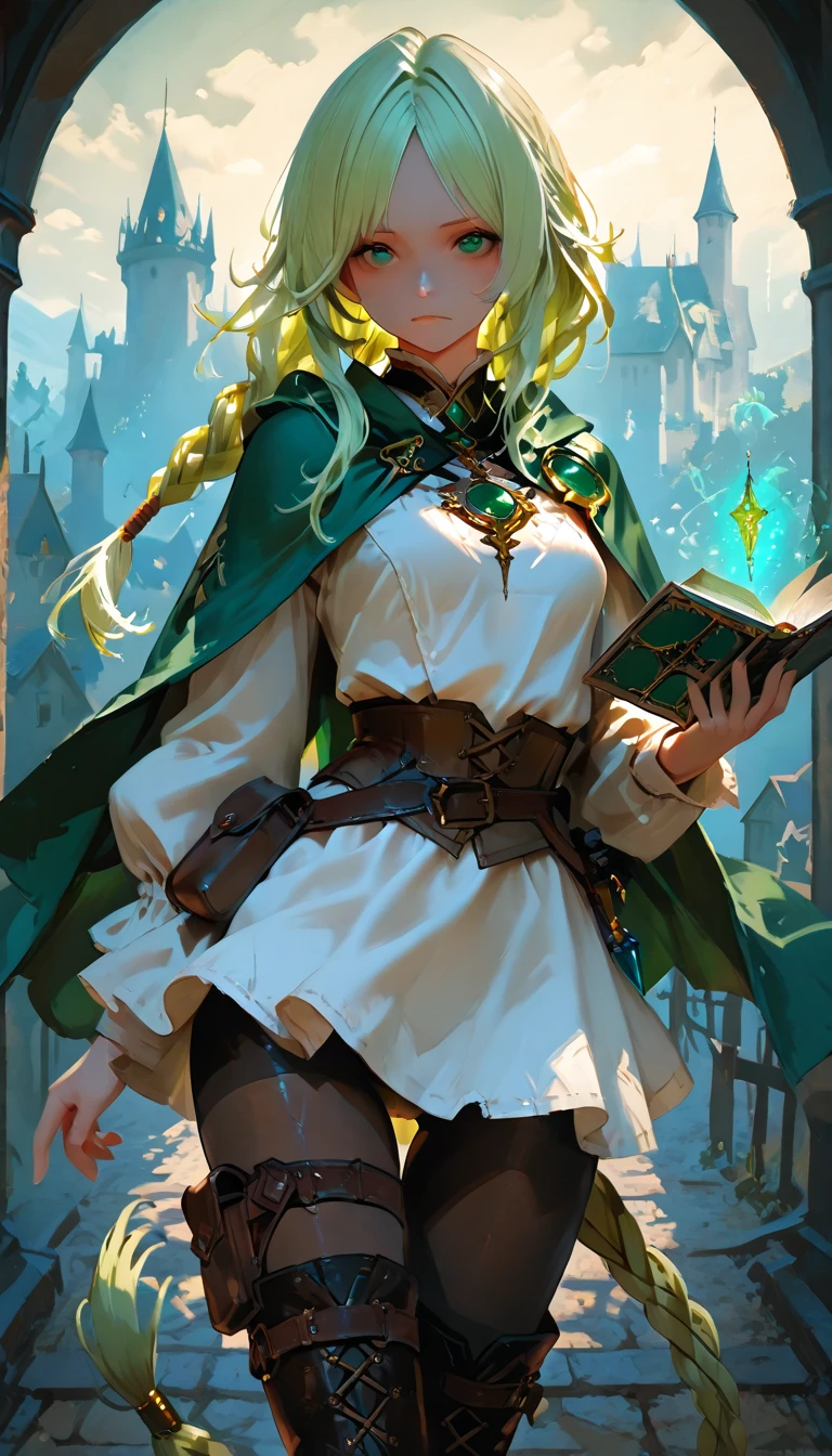 ((Fantasy art style, Digital Art)), (Elf Woman), One Woman, Very detailedな肌, (White mini skirt with gold embroidery), (Blonde high ponytail), (Shiny dark green eyes), (Green surcoat with gold embroidery), Big Breasts, (((Suburban Plains)), (Use magic with a book in hand)), Magic circle at your feet, Drop one&#39;s gaze to the book, Particles of light flying, Spirit Light, It gets dark, (Highest quality:1.2, Very detailed, Ultra-high resolution, masterpiece:1.2, Best aesthetics).