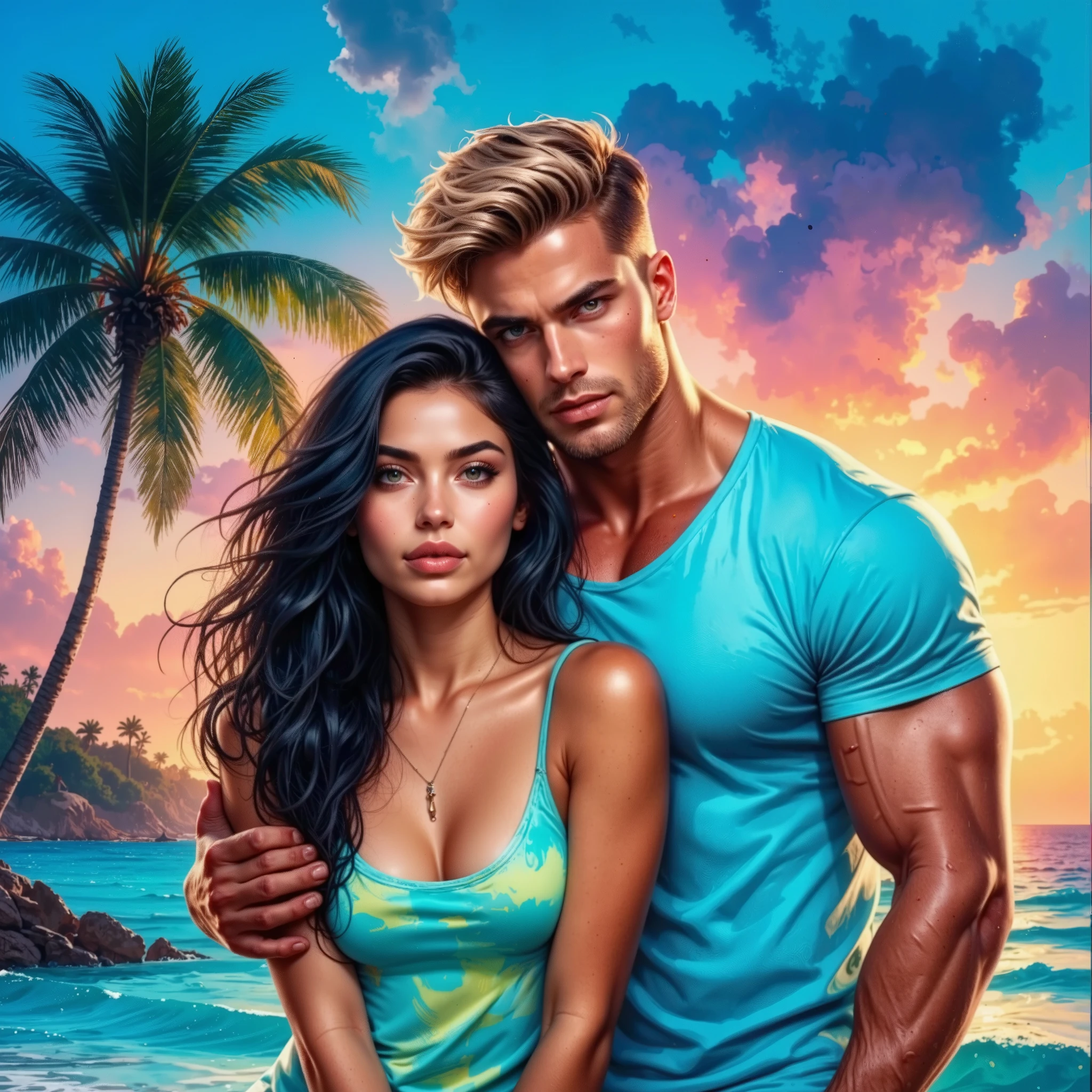 (((ultrahi-rez EXTREMELY DETAILED ULTRA-REALISTIC PROFESSIONAL FIRST PLAN photo: 1.6))) glossing vivid vibrant hue textured extradetailed volume первый план, idealbookcover. 18-year-old black-haired girl in a bright short dress,sitting close on the coast of the sea,handsome muscular man modernblondehair dangerous man in a T-shirt and shorts hugs his waist,touches the girl's chin,backdrop,turquoise. neon colornight .HighDetail.passionately.palm trees,beautiful.dynamically.book cover.Languidly.creatively.daring .modelfresh face.eyed.textural.glare.she looks at the camera,he is passionately on her.