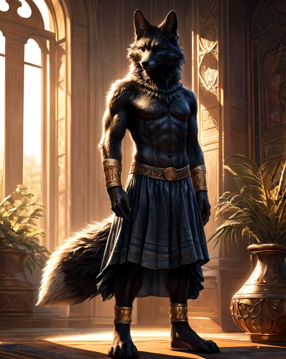 (((Barefoot furry character, full body, cinematic setting, furry male, plantigrade))), (((wearing silver anklets))), (((wearing gladiator sandals)))
(((Hades))) - (((God of the Underworld))) depicted as a mysterious (((wolf))) anthro with charcoal-gray fur and glowing amber eyes. He wears a dark hooded cloak that billows around him. Hades sits barefoot amidst eerie mist and shadows, with spectral forms and ghostly apparitions in the background. Symbols of the underworld like skeletal remains and obsidian pillars surround him. Cerberus, the three-headed dog, is at his side.
BREAK, detailed background, 8K, (masterpiece:1.5), intricate details, highly detailed, extreme detail, octane render, fine art, best quality, highres, (detailed face:1.5), ((full_body)), UHD, (((perfect hands))), (((perfect feet))), low light