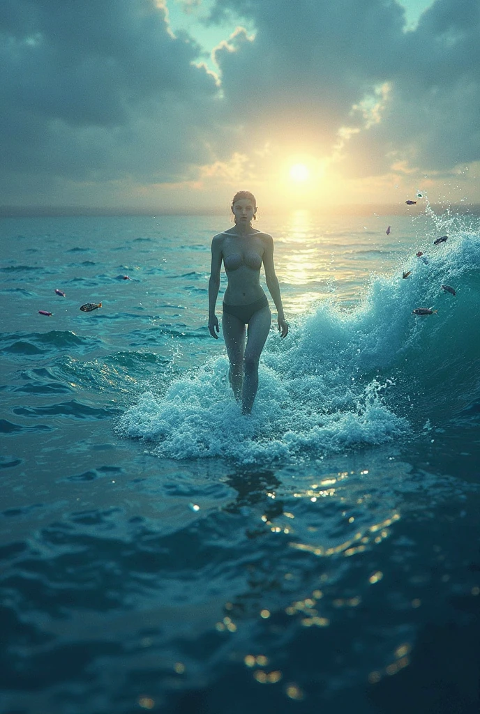 Best quality, Masterpiece, 超高分辨率, (photograph realistic:), surrealism, Dream-like,fusionart, sea beach，asuka，Transparent swimsuit，Get wet，，rays of sunshine，Charming，Burst clothes long legs