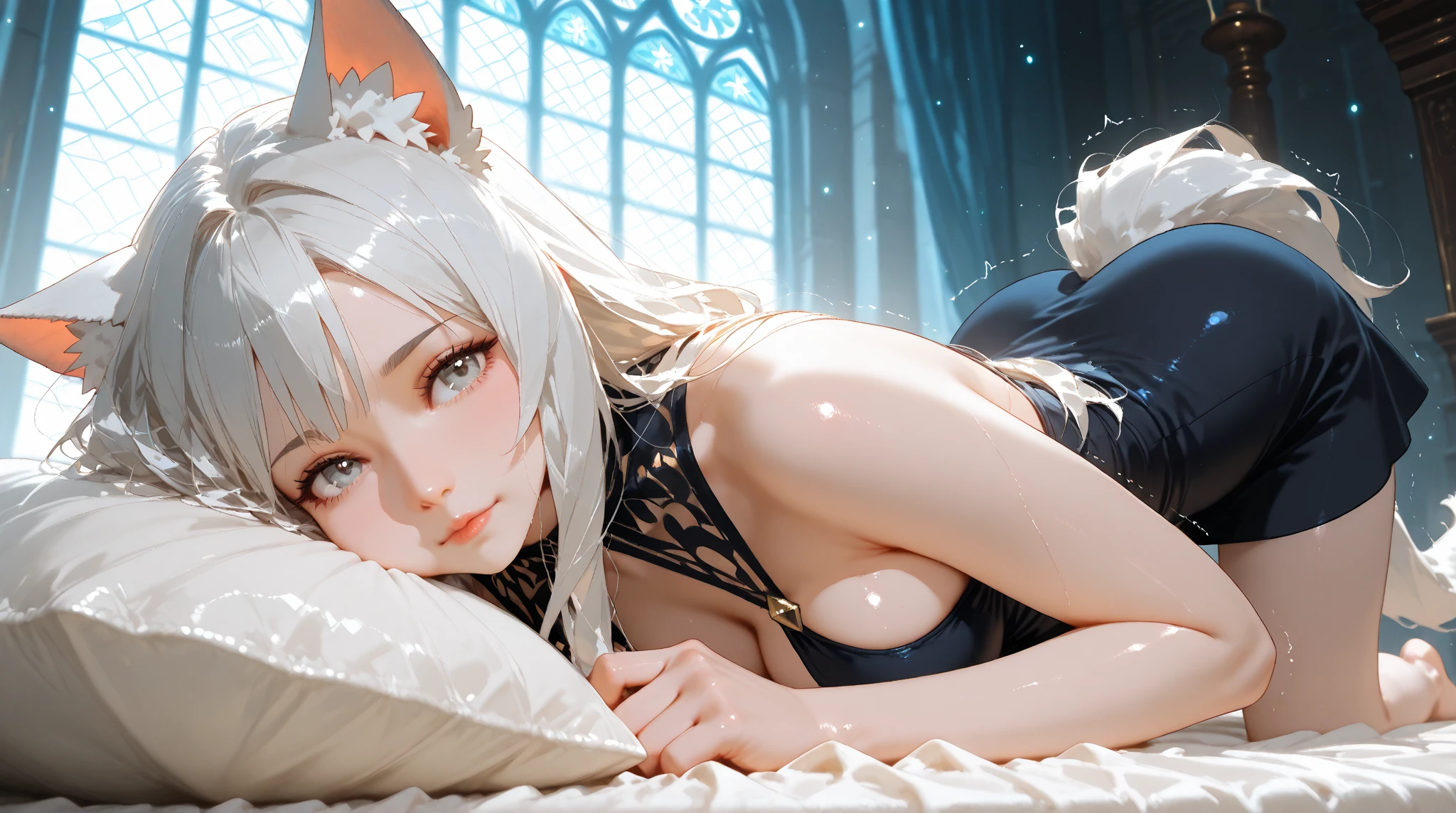 there is a woman that is laying down on a bed,Wear cat clothing, trending on cgstation, Winter queen, Tifa Lockhart with white hair, Guviz-style artwork, anime barbie in white, 8K Artgerm bokeh, Photorealistic anime, glamourous cosplay, winter princess, fantasy photoshoot, beautiful and seductive anime woman, goddess of winter