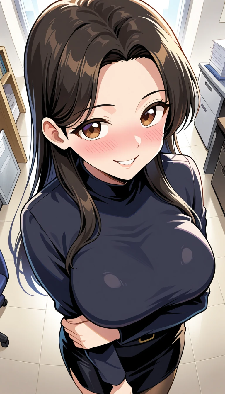 Looking into the camera、When I Look at You、lookatviewer、Anime Style、Eroge、1 girl, (Huge breasts:1.3), (Long sleeve black tight knit)、Low - Angle、Brown haired, hair band、Bob Hair、The forehead is visible、blush, , Upper Body,Round Breasts、smile、(Sweat:1.5)、In the heat、moisture、Troubled face、(((I wear clothes)))、Tight waist