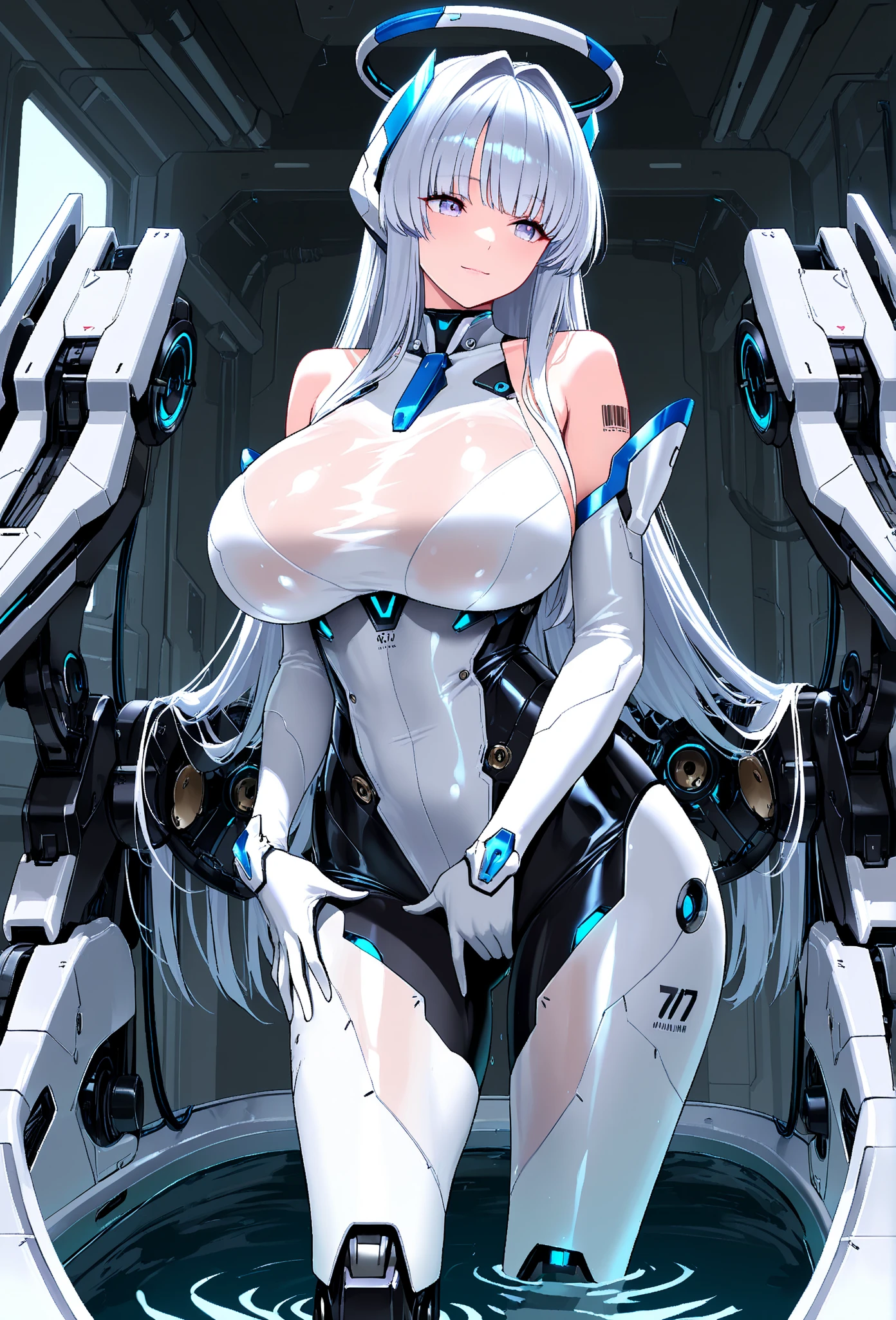 (stylish pose, dynamic angle:1.8), spread legs, (love happy orgasm face, NSFW, topless bare small middle boobies, uncensored bare pussy:1.6),(masutepiece:1.3), High resolution, ultra-detailliert, the Extremely Detailed CG Unity 8K Wallpapers, Realistic, Photorealsitic, Raw photo, beautifull detailed face, pale skin, realistic glistening skin, Detailed Cloth Texture, detailed hair texture, Perfect body, Beautiful face, precise, Anatomically correct, Highly detailed face and skin texture, Natural neck length, (Beautiful hands), (Fair skin:1.2), thin legs, Thin feet, BREAK, Detailed eyes, symmetrical eye, Light brown eyes, Double eyelids, Thin eyebrows, (Glossy lips:1.4), (gently smiling:1.2), BREAK, Combat cyborg、Machine body、weapons all over her body、front facing、Headset connected to a myriad of electrodes、((Red bodysuit))、((tight fitted))、nffsw、Under maintenance、A dark-haired、Brown hair、silber hair、a blond、Blue-haired、blue eyess、Brown-eyed、red eyeechanical joint:1.4)、((Limbs of the machine))、(Blood vessels connected to countless tubes)、((Vertebrae of a machine attached to the back))、((Mechanical cervical spine)Attached to the neck) (medium large breasts, Slender figure, Firm abs, firm breasts:1.1), Beautiful collarbone, (Blonde hair, Wavy Hair, Long hair:1.2), ((asymmetrical bangs:1.2)), (Cowboy Shot:1.2),