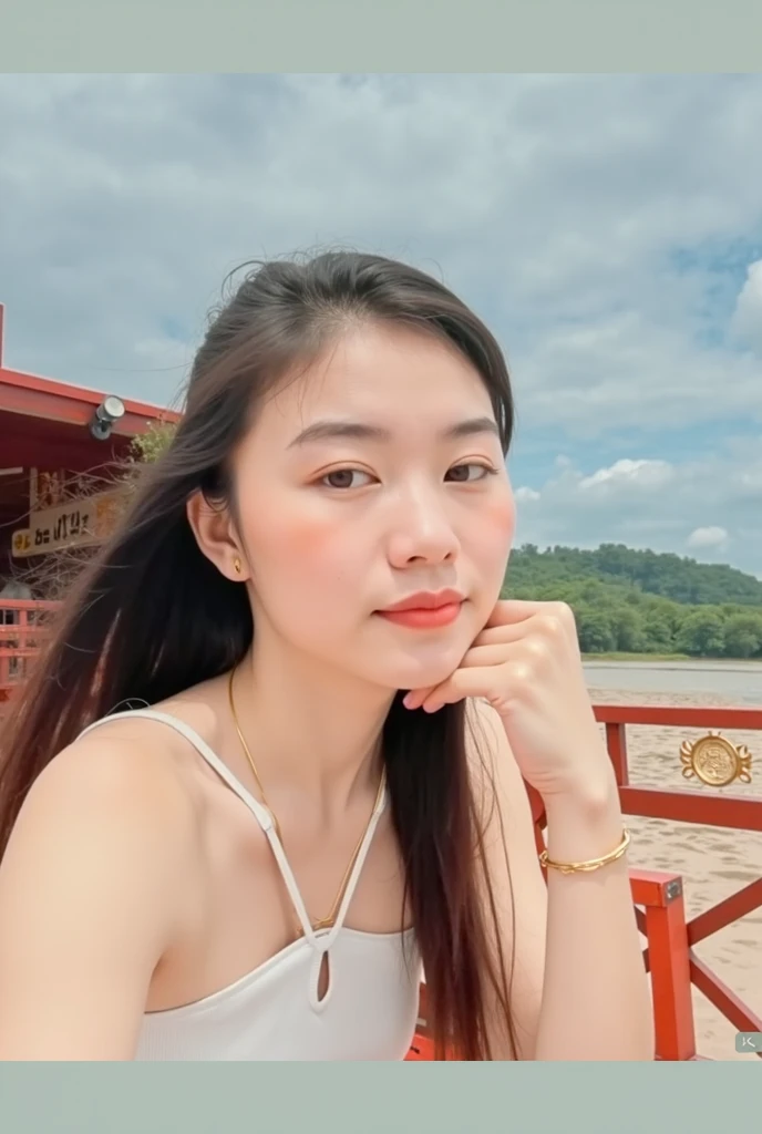 1 girl, alone, looking at the viewer, dark blonde long hair, hair is tied up, (sexy cheongsam, transparent cheongsam), brown eyes, Coastal rocky background, small breast , smile, sitting, realistic, masterpiece, 最high quality, high quality, High resolution,