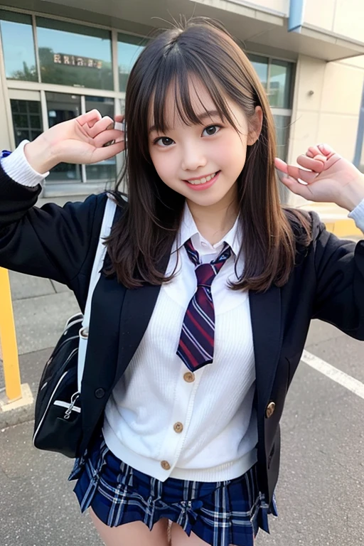 A standing girl whose whole body is reflected、highest quality、face focus、soft light、(Depth of bounds written)、Super high resolution、School Uniform、JK、high school girl uniform、(Photoreal:1.4)、Raw photo、(on lap:1.4)、standing position, (full of embarrassment、laughter:1.1)、(brown eyes)、detailed beautiful face、(hair length)、high angle shot、Phenomenally cute girl、japanese girl、surreal high school girl、high school girl pose、Full body Esbian、nice skin、glowing skin、nice thighs、Shining thighs、shining legs、on lapの黒いハイソックス、Japanese high school 、Nogizaka Idol、korean idol、((inviting eyes))