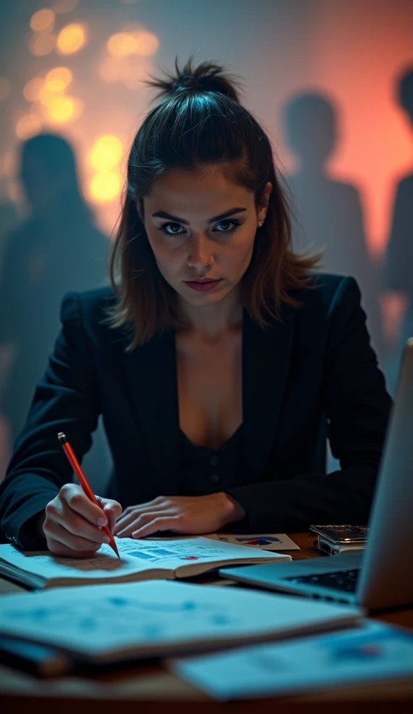 A close-up shot of a ruthless businesswoman, dressed in a sharp black suit, sits behind a sleek wooden desk, her piercing gaze fixed on a stack of files as she calculates the worth of each deal. The dimly lit room is filled with the soft hum of fluorescent lights and the faint scent of stale air. Her cold calculating expression is illuminated by a single spotlight, casting an eerie glow on her face. She holds a pen in one hand, poised to strike, while the other hand rests on the desk's edge, exuding confidence and power.