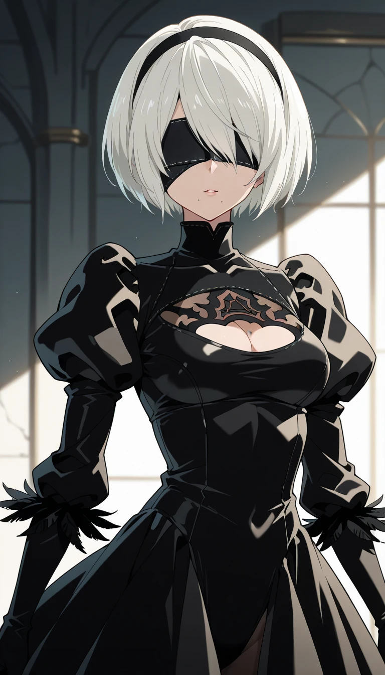 2b,big , full clothing,best quality, blind fold, skirt, blue eyes, master piece,perfect face, big hips, sexy, hot