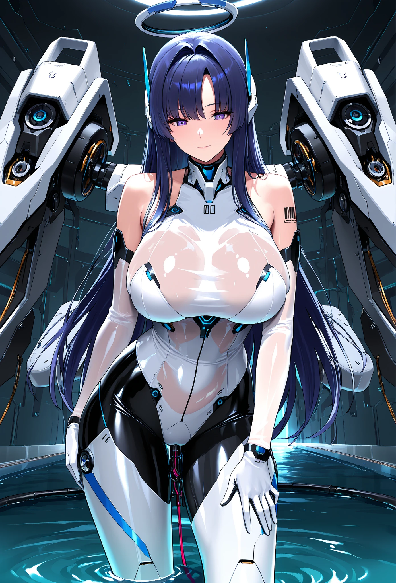(masterpiece:1.3), (best movie quality:1.2), (very detailed settings:1), (soft+artistic lighting), (A princess with short black hair who spreads her legs during M), short blue haired, (eye+yellow+red:1.4), (multicolored eye+heterochromia), wearing cyberpunk clothes, futuristic, Technical, city scenery (robots around)0.4], give a dramatic view. (White, thick liquid flowing from the female genitals), (A cyber princess who becomes stronger by combining her vagina and dildo.), (lewd)
