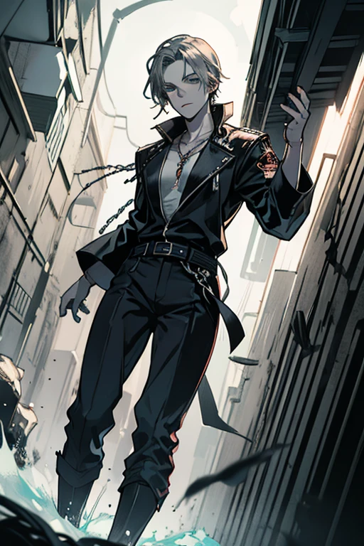 masterpiece, best quality, solitary, male, sunshine Boy, Heavy Black Leather Jacket,Leather overalls, Black leather gloves with chain ,Medium Length Hair, Dark brown hair, black eyes ,Guitar in hand,sunshine smile
