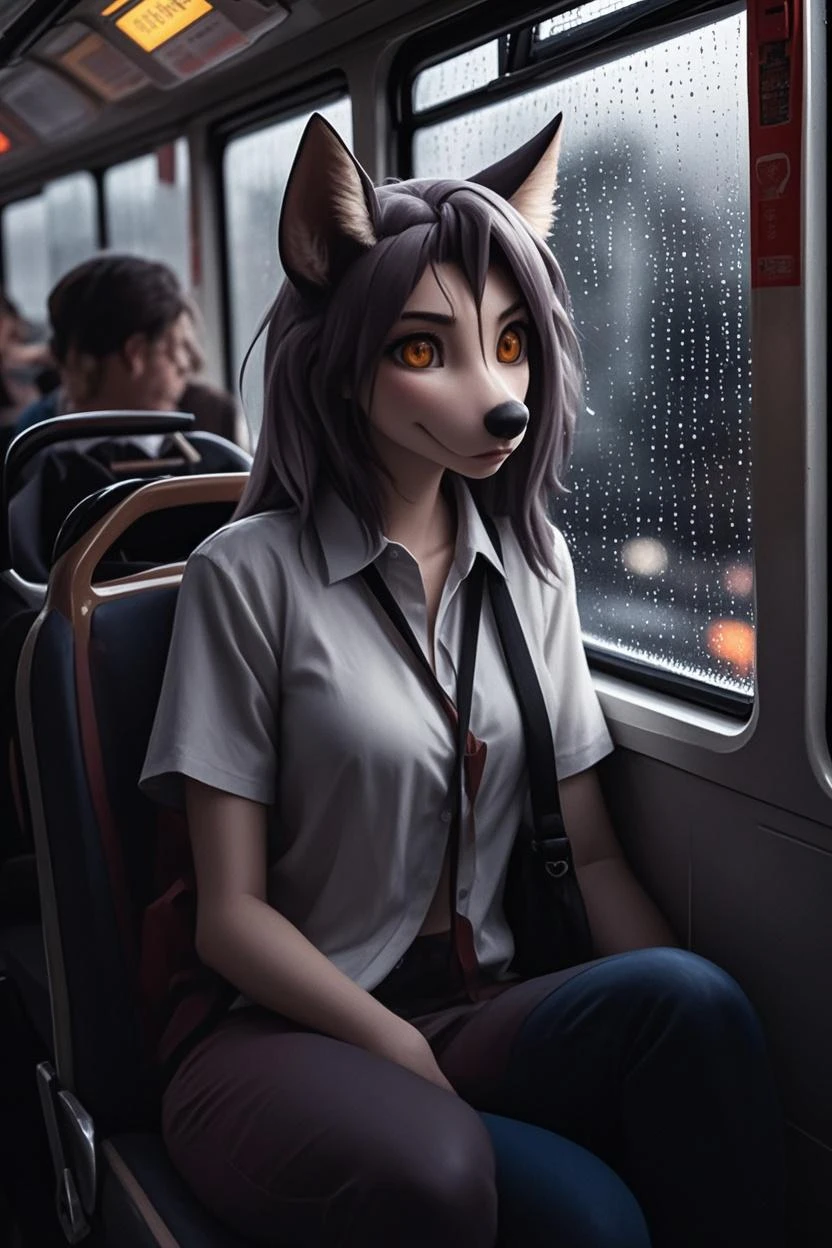(by pixelsketcher:0.6), (by personalami :0.6), solo, female,malo scp-1471,canine,detailed background, (cinematic lighting:1.1), (perfect focus:1.1), 8k hd, photo, (detailed eyes:1.2),depth of field, bokeh, subsurface scattering, perfect breasts, wide ,(skirt, miniskirt, torn t-shirt), bright colors, (furry detail),detailed background,traveling by train, train car, empty train car,seats, train seats, realistic, photorealistic, ultra realistic,realistic, photorealistic,smile,(fur),(realistic furry:1.1),(extreme furry detail:1.2),((black skin, black fur)),solo,