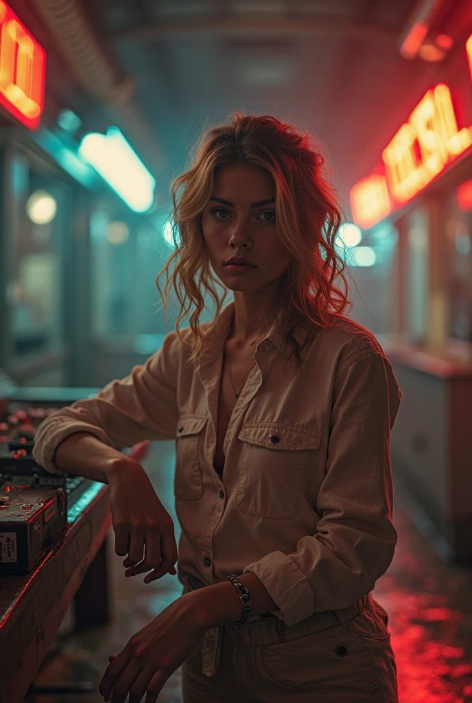 sexy waitress, 70s, mustard-colored waitress uniform, white apron, red lips, blonde, sexy mole above upper lip, smoking, leaning against wall, on a dark street, night, neon signs in the background 