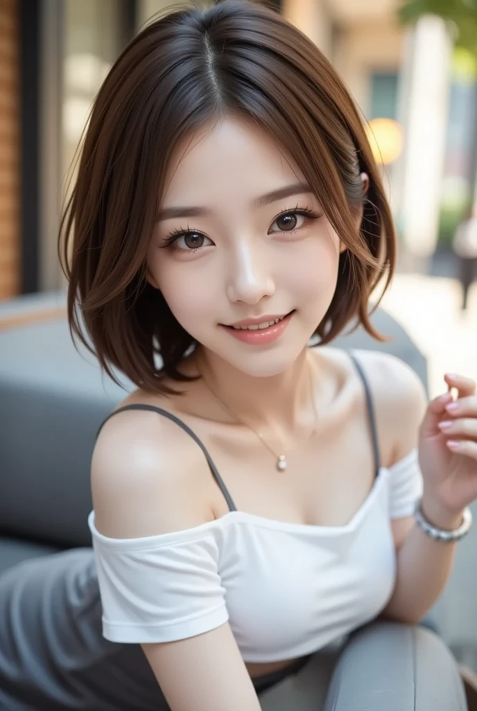 Tabletop, highest quality, figure, Very detailed, In detail, High resolution, 8k wallpaper, Perfect dynamic composition, Beautiful fine details, short hair、Tank top,Center of chest, Natural color lip, Bold sexy pose,smile,20-year-old girl、cute、sexy shot looking at camera