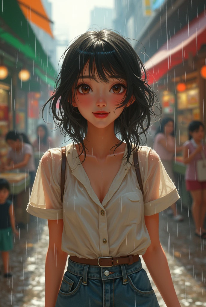 score_9, score_8_up, score_7_up, 1girl, skinny, wet white shirt, short skirt, arms crossed, soaking wet, hair dripping wet, annoyed expression, raining, storming, windy, upskirt, no panties, big pussy lips, at a bus stop, big tits, see-thru wet shirt, breast focus, braless, erect pierced nipples, embarrassed, blushing, disney
