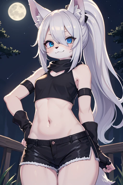 Muscular male wearing cute pink striped panties and thigh high socks, has long flowing white hair, has wolf ears, has wolf tail, wearing lingerie, sweaty, is alone, solo, looks embarrassed, wearing bustier, wearing leather choker
