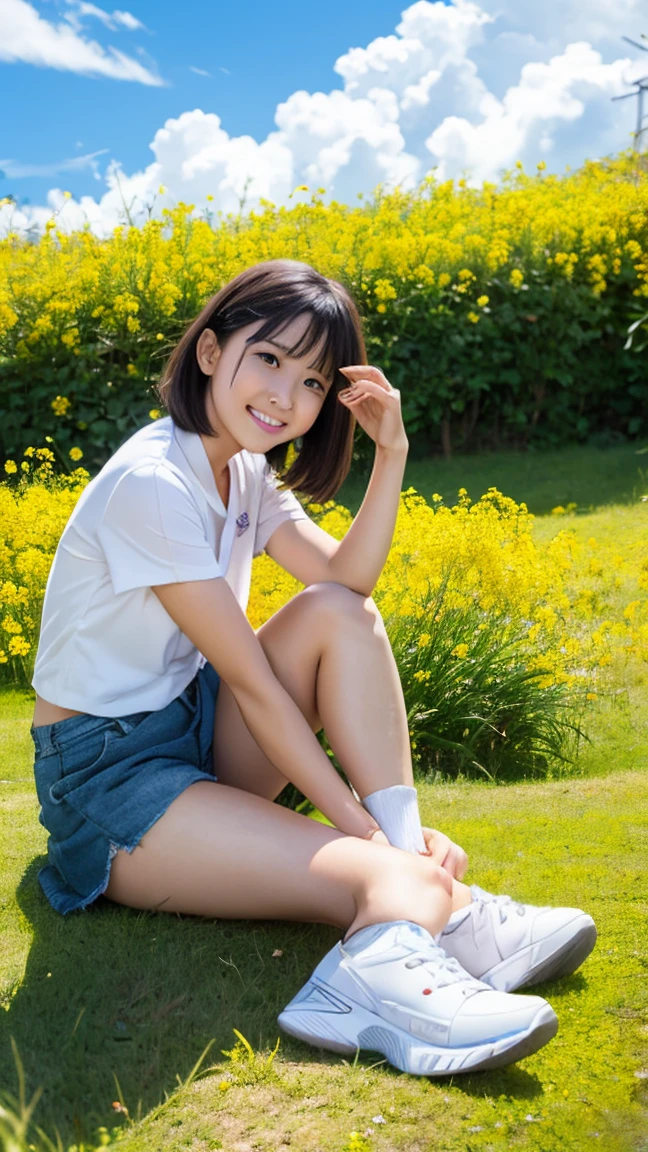 perfect Ratio Face, Balanced eyes, double eyelid,japanese girl,17yr,round face, Beautiful nasal muscles lipgloss,Balanced style,shorthair with bangs,smile,open dress shirt,fluorescent blue underwear,undersize panties,gray color skirt,wearing watch on rist,squat on a flower bed,sunflower