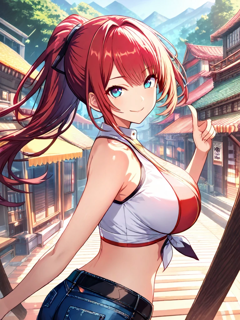 (best quality:1.1), (masterpiece:1.5), movie still, , upper body, depth of field, anime coloring, , 1girl, solo, ange_synduality_noir, (Red hair), Blue eyes, (Long Straight Red Hair:2.0), hair ornament, Big Breasts, (sexy slit cheongsam), smile close your mouth, out door 