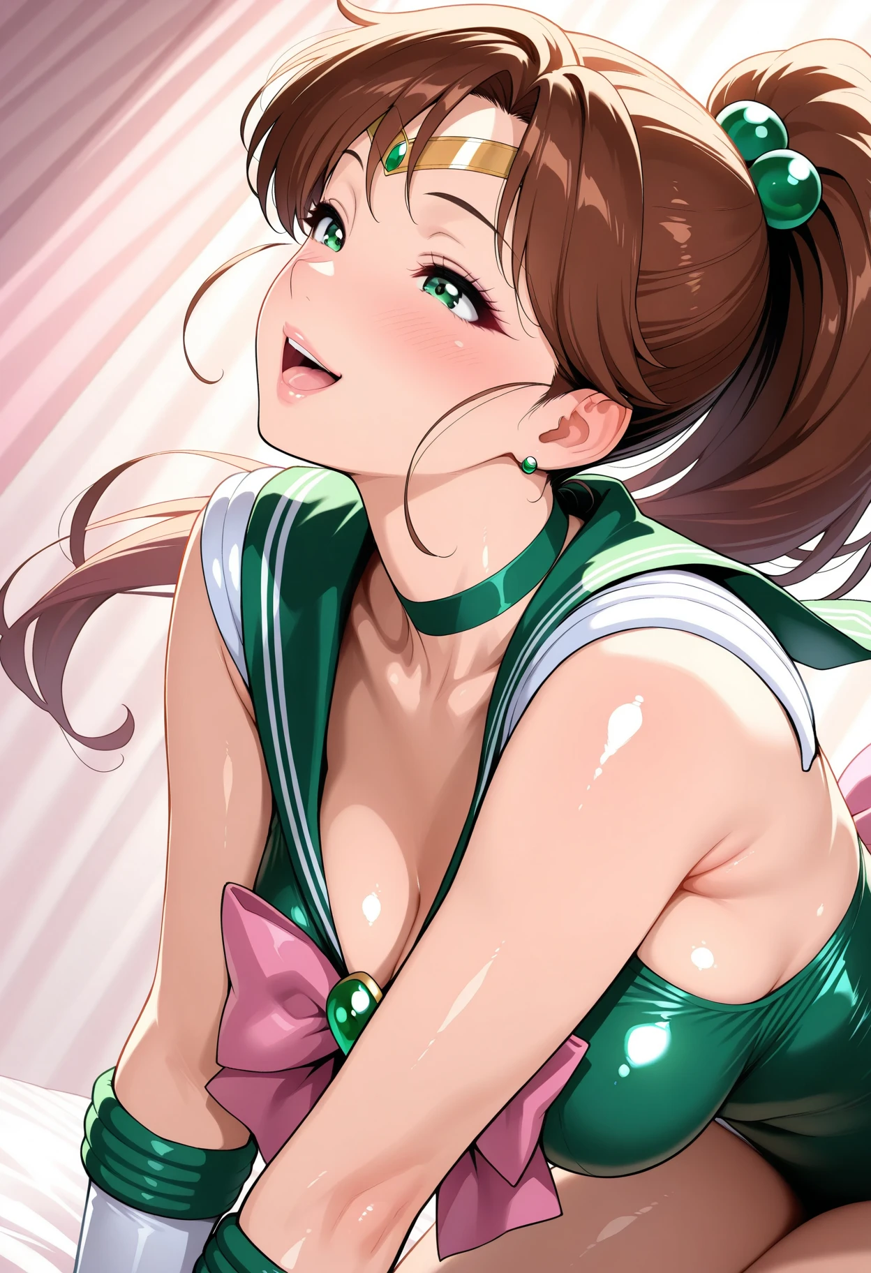 1 girl, Sailor Jupiter. She wears a open front sailor suit colored in green and pink, with rose-shaped earrings in green, laced-up boots with height just above the ankles. Brown hair in a long ponytail, green eyes, nice cleavage. C Cup Breasts, NSFW