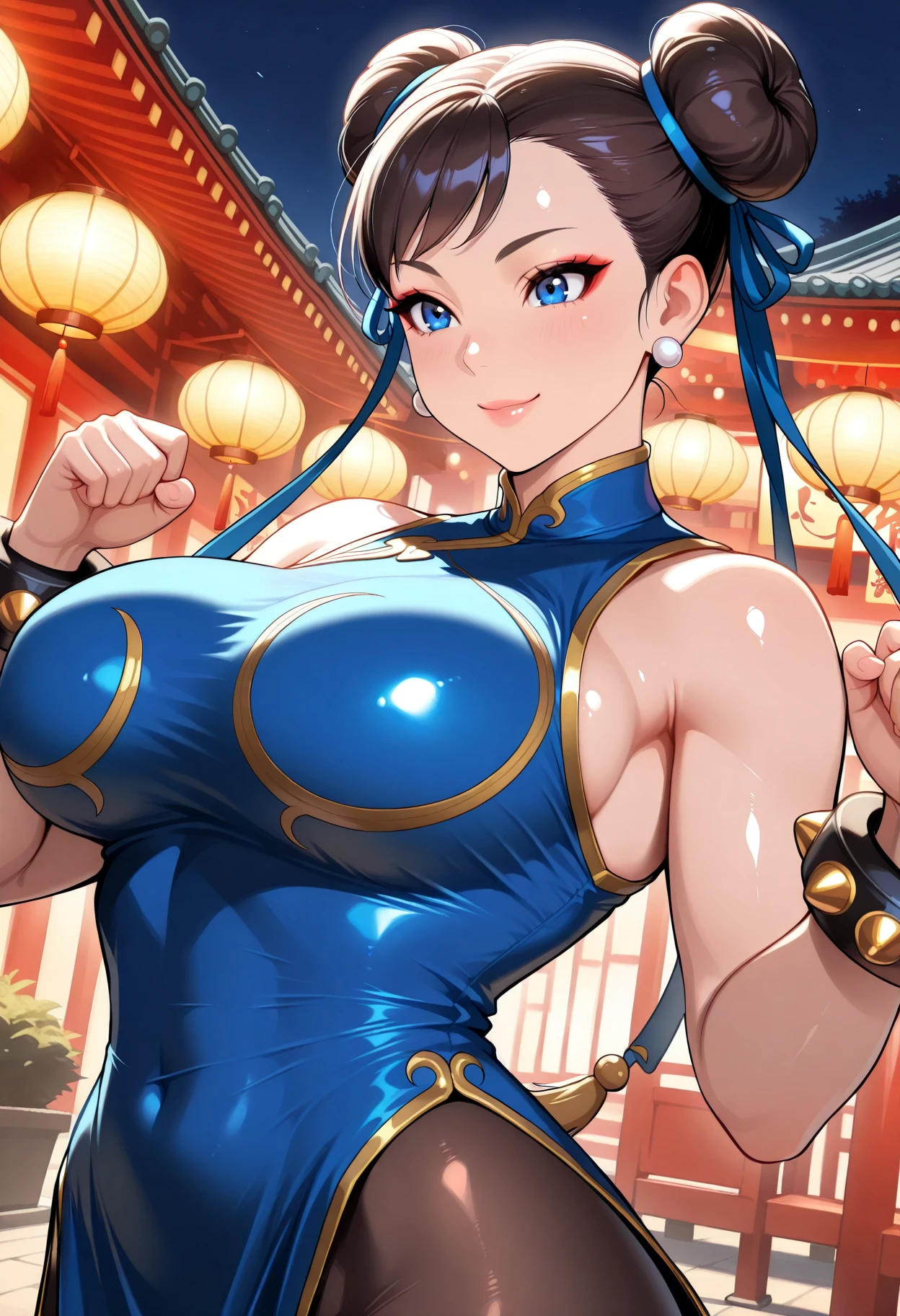 ((A masterpice、best qualified))、1girl in、独奏、ChunLi、Bedroom、cleavage of the breast、Sleeveless、is looking at the camera、Opening Mouth、sexual act、agitation、Bust-up、piece sign、bewitching