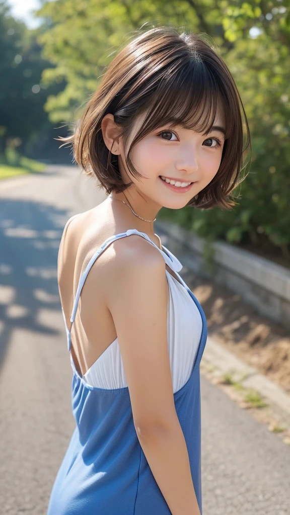 Highest quality、、 Compensate、masterpiece、Ultra-high resolution、Clear photos、Natural light、very cute、The cutest Erina Mano、Baby Face、(Small breasts:1.6、Flat Chest:1.6)、Slender body、Tight waist、(Very short hair:1.6)、Brown Hair、smile、Delicate face、Beautiful Skin、(Naked and wearing overalls:1.4)、(Hunchback:1.2、Her cleavage is visible)、grassland、Lakeside、Head to knee photo:1.8