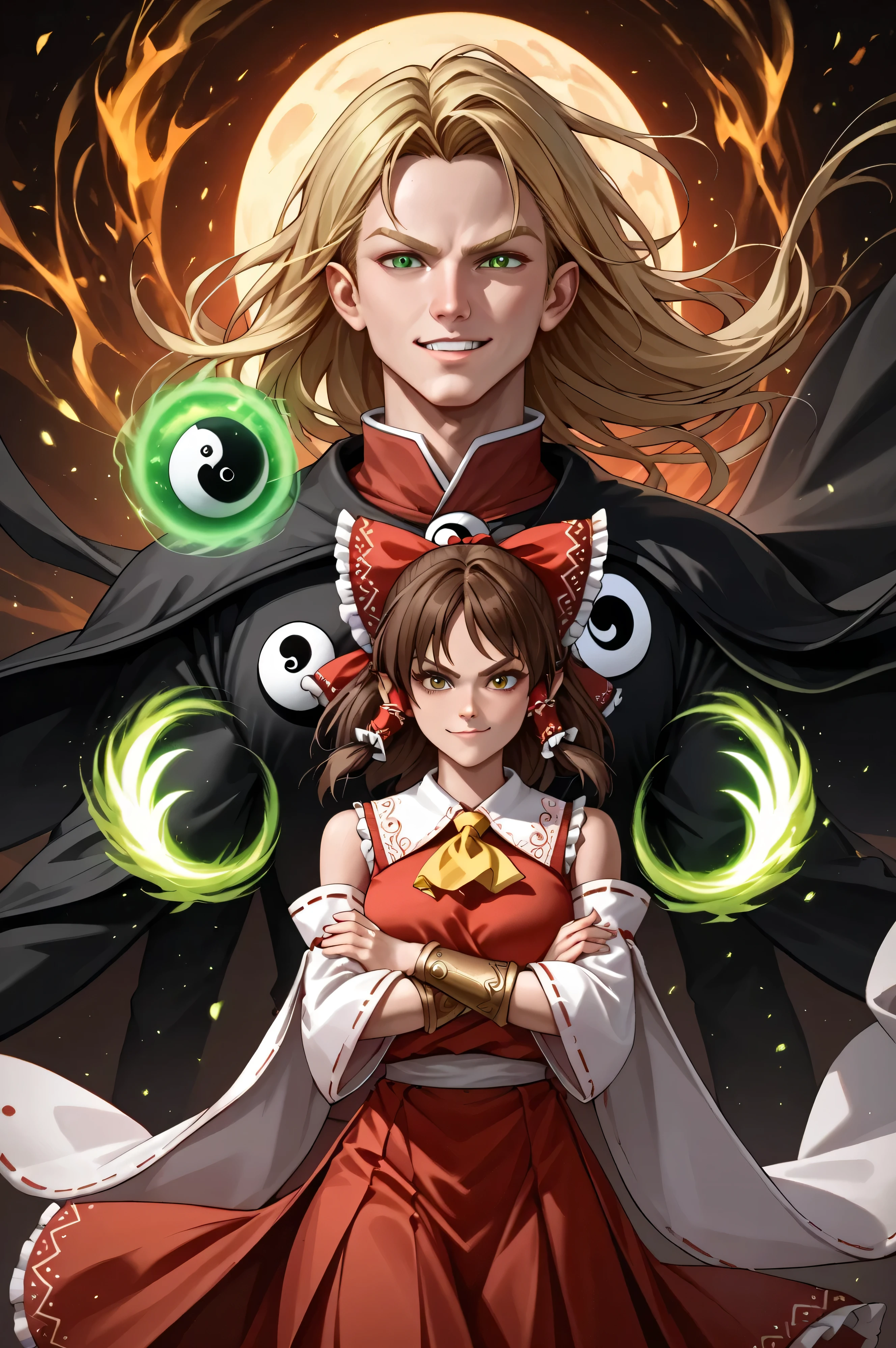 score_9, score_8_up, score_7_up, masterpiece, high quality,
BREAK
1man and 1woman, looking at each other, dark woods background,
BREAK
kelta, elf, 1man, long hair, blonde hair, blonde eyebrows, green eyes, (pointy ears:0.6), pauldrons, cape, magic, wizard, green fire orbs, angry, arms crossed, (red breastplate:1.5), bracer, robe, 
BREAK
hakurei reimu, miko, 1woman, medium hair, brown hair, brown eyes, (human ears:1.8), yellow ascot, red shirt, red skirt, hair bow, detached sleeves, white sleeves,  shoulders, (yin and yang orbs floating around:1.5), arms crossed, smug