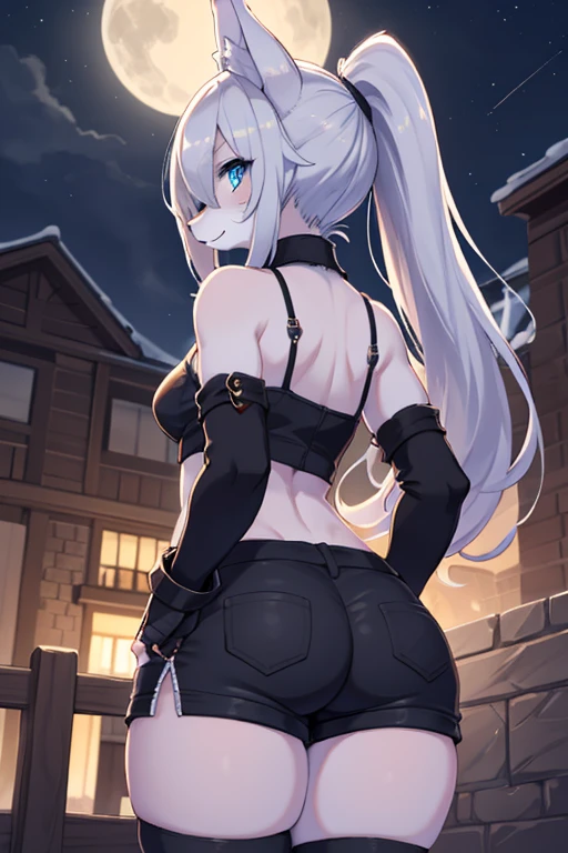 busty rabbit girl with dark grey fur, low ears, mean face, smoking, big natural breasts, large ass and thighs, small waist, tight skimpy black leather corset dress, tight leather thigh highs
