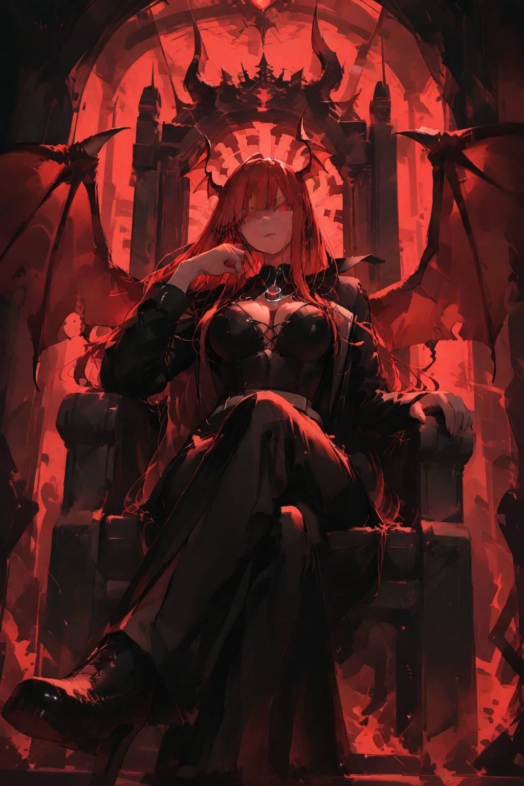 (work of art),anime girl, sitting on a chair, with an aura of superiority and bloodthirsty looks 