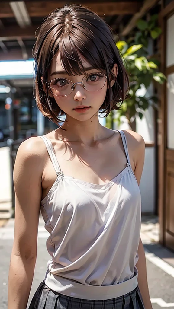 (Best quality, Ultra detailed, Golden ratio, Masterpiece:1.2), Theatrical lighting:0.7, Photo of a woman, topless with perfect breast and niples, Perfect rare face, (Highly detailed skin), randomly dyed hair, Hide your mouth with your hands、Ridicule, skin texture, Pale skin, shiny skin, (thin, large size:1.2), [:(Sharp focus on rare face, perfect eyes:1.2):0.2], photorealistic, film grain, Put one foot forward、from below looking up、look at camera、Emphasize the shoulders, Focus on face、Stockings、glasses、Smile with corners of mouth raised、disdainful expression, summer haze, muted colors, muted warm colors, Photo cinematic portrait of a woman dressed in a striped dress sitting by the window in the early morning, cinematic, (tilted:1.3) (on an old train) look cautious, standing under a spotlight, volumetric dust clouds, key light, backlight, soft natural lighting, photography Film grain ISO 400 30 mm lens RAW f1.8 aperture, highly detailed (analog photography:1), colors hdr
