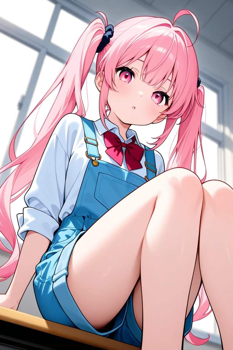 Girl with pink hair, long double-tailed hairstyle, ((small pink bushy eyebrows)), dressed in lolita clothing, marked vagina, lolicon (Zankuro) drawing style by zankuro artist, Zancro style, image uploaded to R34, looking at the camera with a flirtatious smile, modeling in her room, male pov, (panties pulling, self-pulling, pink panties:1.1 panties pulled to her knees) , pulling her dress to cover her crotch