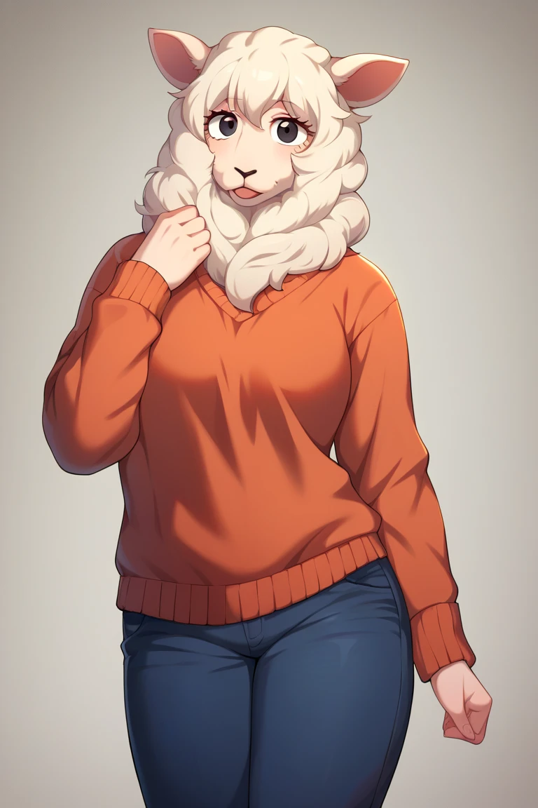 solo, full body, Sebun, seven, sheep girl, anthro, white skin, black eyes, mane, solo, furry female, fluffy, white fur, black eyes, sheep's ear, clothed, pants, (sweater), best quality, highly detailed, high resolution, detailed background, detailed clothing, detailed body, masterpiece, good , handfixer, dynamic pose