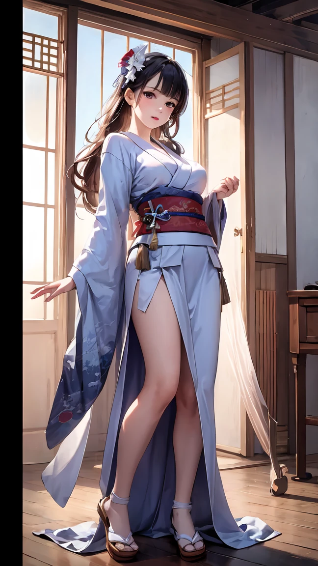 beautiful female martial artist、brown hair up style、((whole body))、(((photo taken from below)))、dojo
