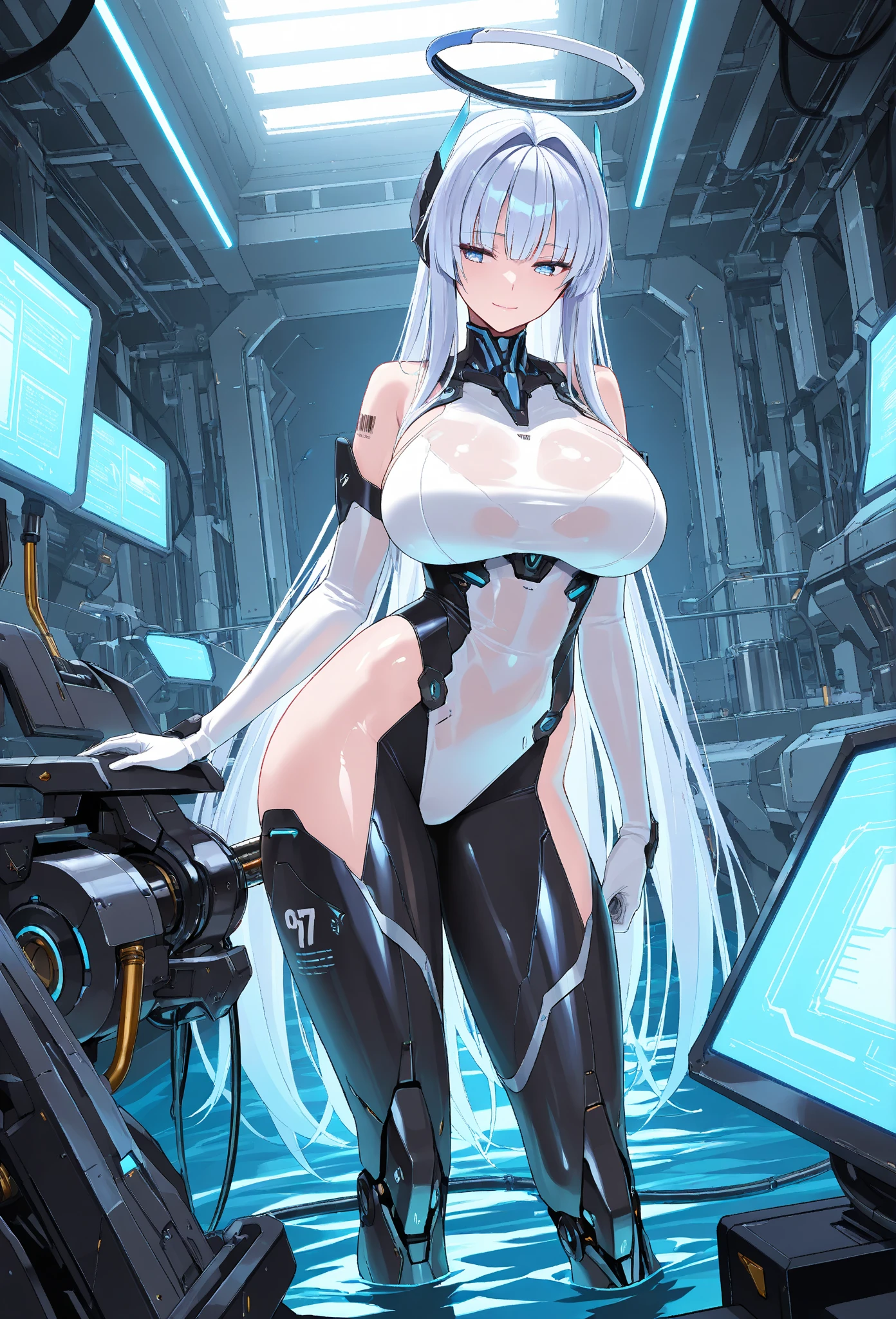 初音ミクはPlug Suitを着ている、Big Breasts、Latex bodysuit、Plug Suit((Neon Genesis EVANGELION))、Plug Suitの色は白と水色、High heels、The background is ruins、Highest quality、Highest quality、2010s anime style、8K CG