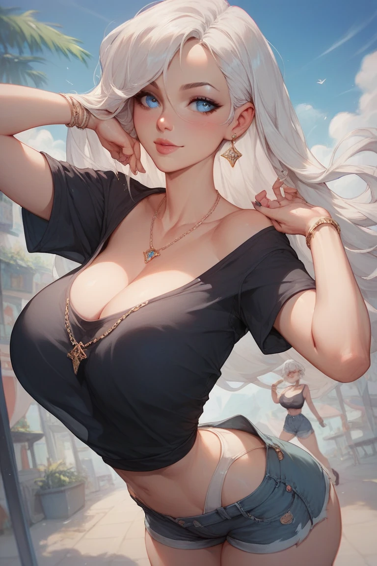 (((Masterpiece))), (portrait), white hair, diffused light, dynamic shadows, sharp focus, realistic, detailed, highres, absurdres, white background, (boobsqueeze), looking to the side, t-shirt, no bra, photorealistic, lifelike, wet, lips apart, (submissive squatting), armpits, dynamic motion