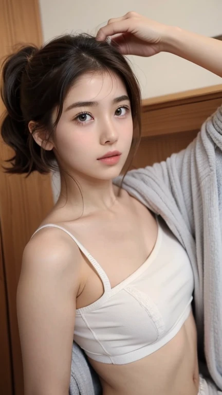 (Masterpiece: 1.3), (8k, Photorealistic, RAW Photo, Top Quality: 1.4), (1girl), Beautiful Face, (Realistic Face), (Black Hair, Short Hair: 1.3), Beautiful Hairstyle, Realistic Eyes, Beautiful Detail Eyes, (Realistic Skin), Beautiful Skin, (Sweater), Outrageous, Charming, Super High Definition, Ultra-Realistic, High Definition, Golden Ratio, Full Body Photo, No Bra, White T-Shirt
