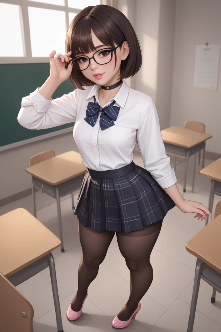 super high image, super detail, super high resolution, perfect beautiful female 30 years old, blue sparkling big eyes, glasses, white glossy single hair bun, pulled hair, red alluring moist big thick lips, perfect proportion, slender, red tight skirt suit, white T-shirt, black stockings, standing proudly in front of the blackboard, classroom, professional lighting