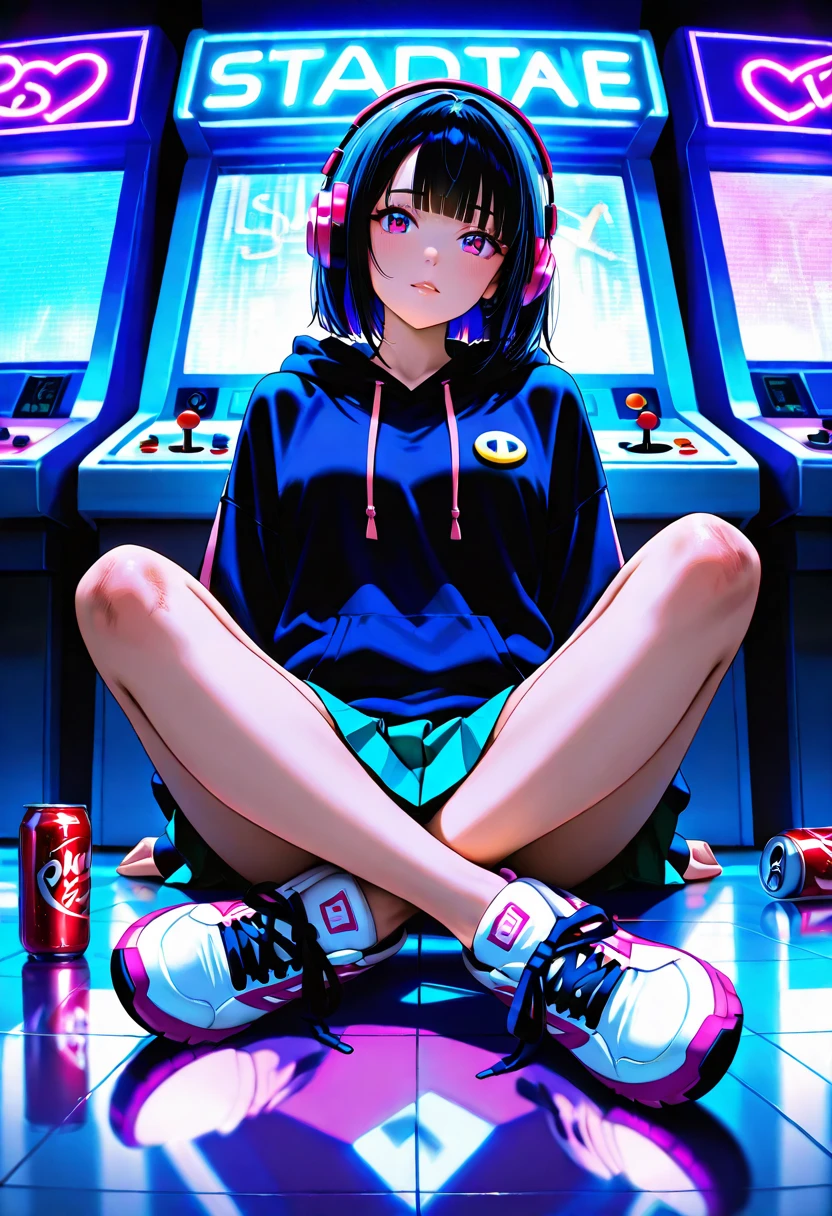 (masterpiece), Highest quality, Expressive eyes, Neon pastel aesthetics, Retro 90s, Neon color,((Girl sitting on sofa,In a cozy room,Records hanging on her wall, Comic books on the floor, Looking out the window behind her at the night city, Upholstered room, Anime figures lined up on a shelf)), Wearing headphones, (All around her it sparkles), (wearing thick colorful sneakers), (blue eyes), (Soft look), (Synthwave Art Style), Colorful Hair, Desk with PC set up