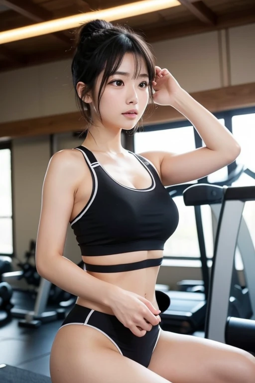cute 21 year old japanese、university student、sportswear、super detailed face、Eyes、double eyelid、Beautiful thin nose、sharp focus:1.2、Beauty:1.4、(light brown hair、short hair、),pure white skin、、slender body、highest quality、masterpiece、ultra high resolution、(Photoreal:1.4)、High definition and professional lighting、laughter、big gym、