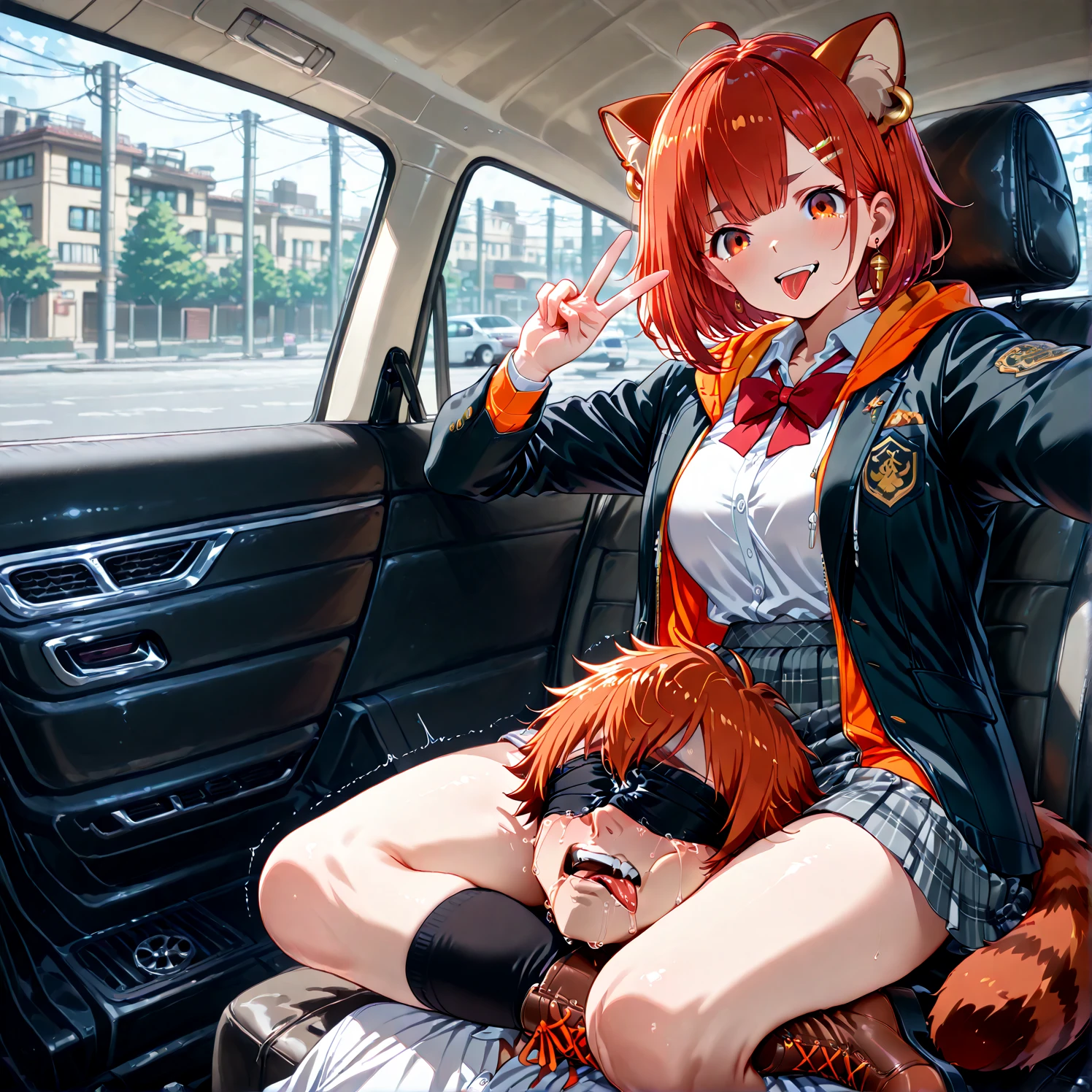 (neocruz and junkotvv)(hands on thighs, backwards, Heavyweight, girl with cat ears and red eyes, leather jacket:1.2), picture of a couple inside a Taxi at evening, 1 guy with a beard, male focus, Tall Man, soon one, male with leather jacket, evening:1.4) (Taxi, evening, auto, Backseat, looking at another:1.3) BREAK