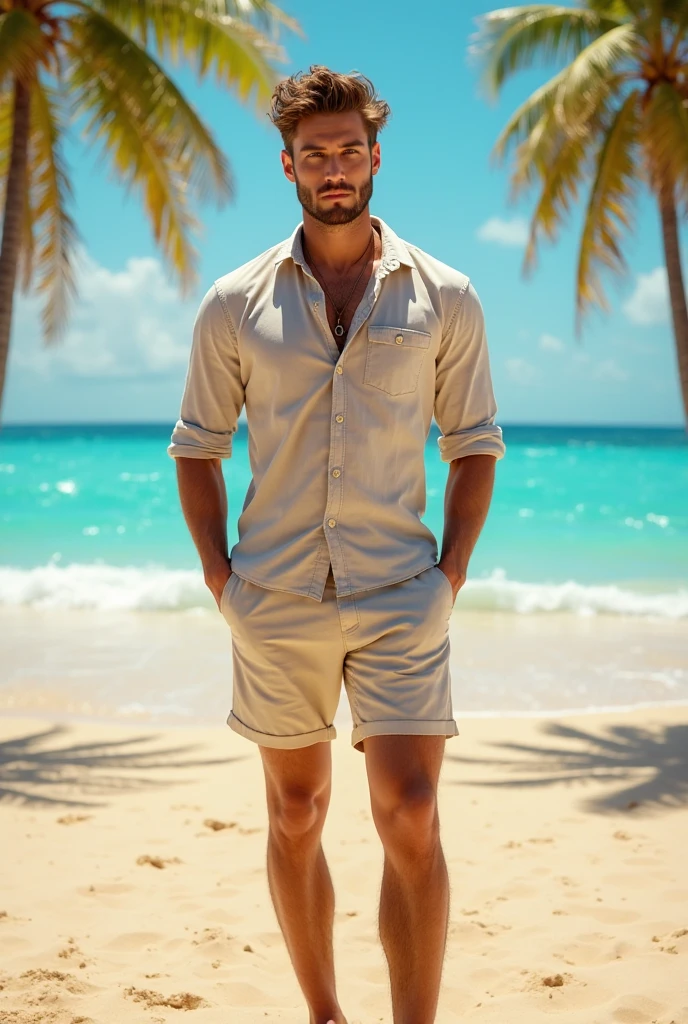 A young man, Beautiful, handsome, skinny, white without shirt,suit on the beach with swimsuit custom of Brazil with symbol of the country Brazil green yellow and blue