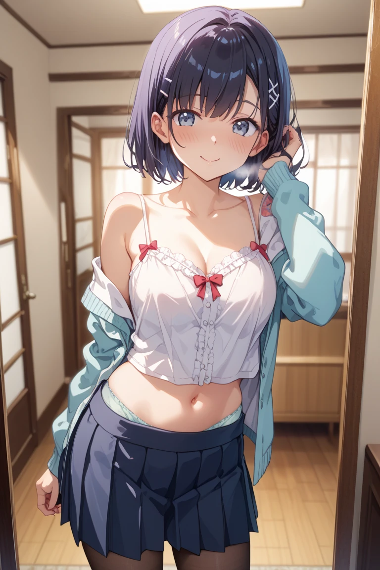 sister, cute bra, 8K, best quality, 16 yeae, looking at camera, red cheeks, (school uniform), embarrassed, delicate hands, at home, love my brother, clear liquid leaking from crotch, black hair, bob hair, bog hair, showing off breasts, taking off clothes and showing off breasts, chest sticking out pose, cute pose, full body