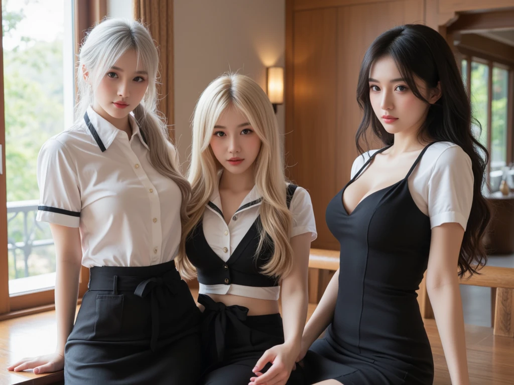 photorealistic, high resolution, soft light,1women, solo, hips up, shining skin, (detailed face:1.2),tattoo, jewelry, secretary uniform, white shirt, black skirt, black stockings, garter belts, night, blonde hair, wavy hair, Beautiful Soldier, Eyes That Invite Viewer, Lover's Perspective, Inviting Expression, Sexy Smile, Perfect Style, Perfect Balance, Detailed Skin, Naughty Gaze, Chest Visible,Erotic Poses,Erotic smill,