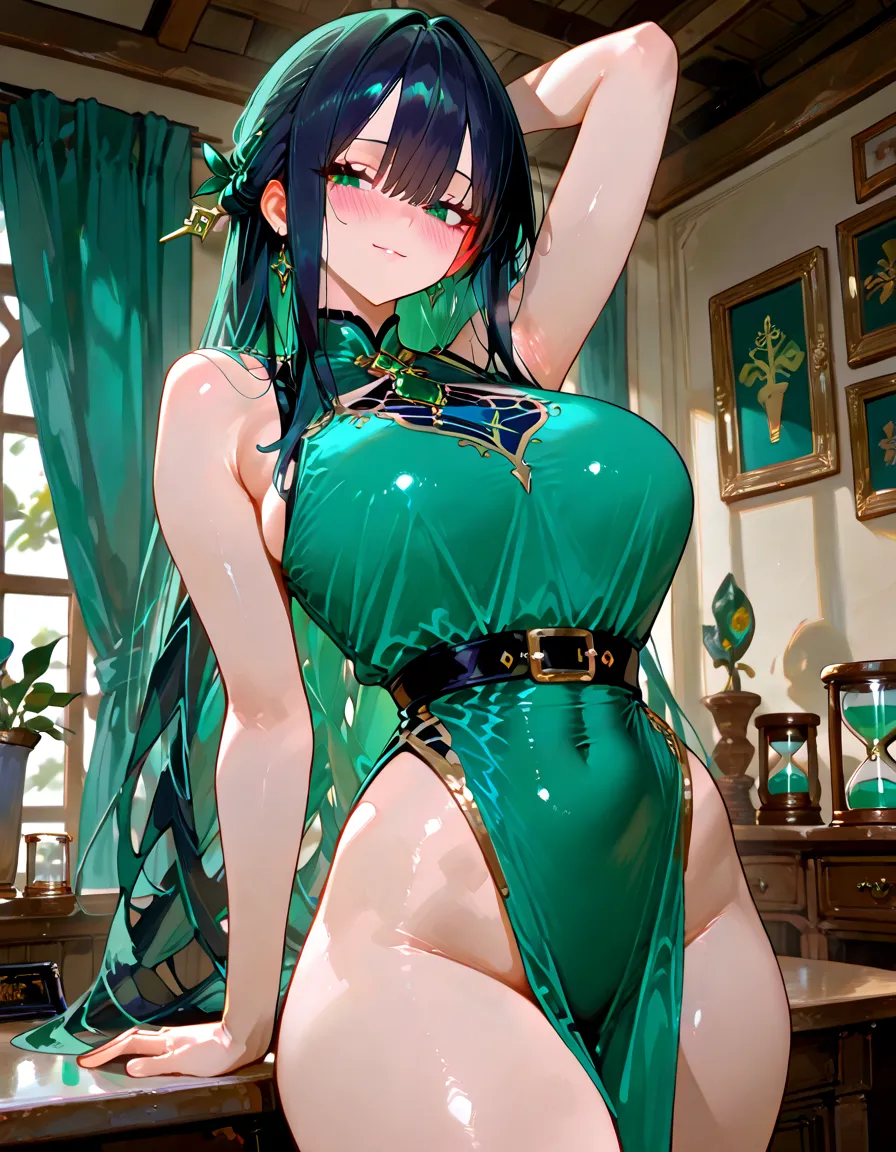 Trading card, Jade, sexy pose, big breasts, bubble but, face mask, sexy dress