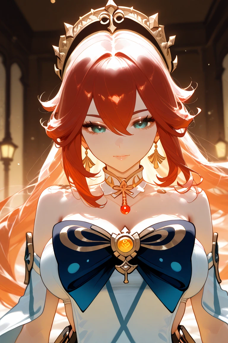 (masterpiece, best quality), 1 mature female, ((completely nude)), cleavage, (orange hair, very long hair), sharp light blue eyes, detailed face, smile, standing, (large breast), seductive smile, arms down, charming face, (40 year old face), (white background)