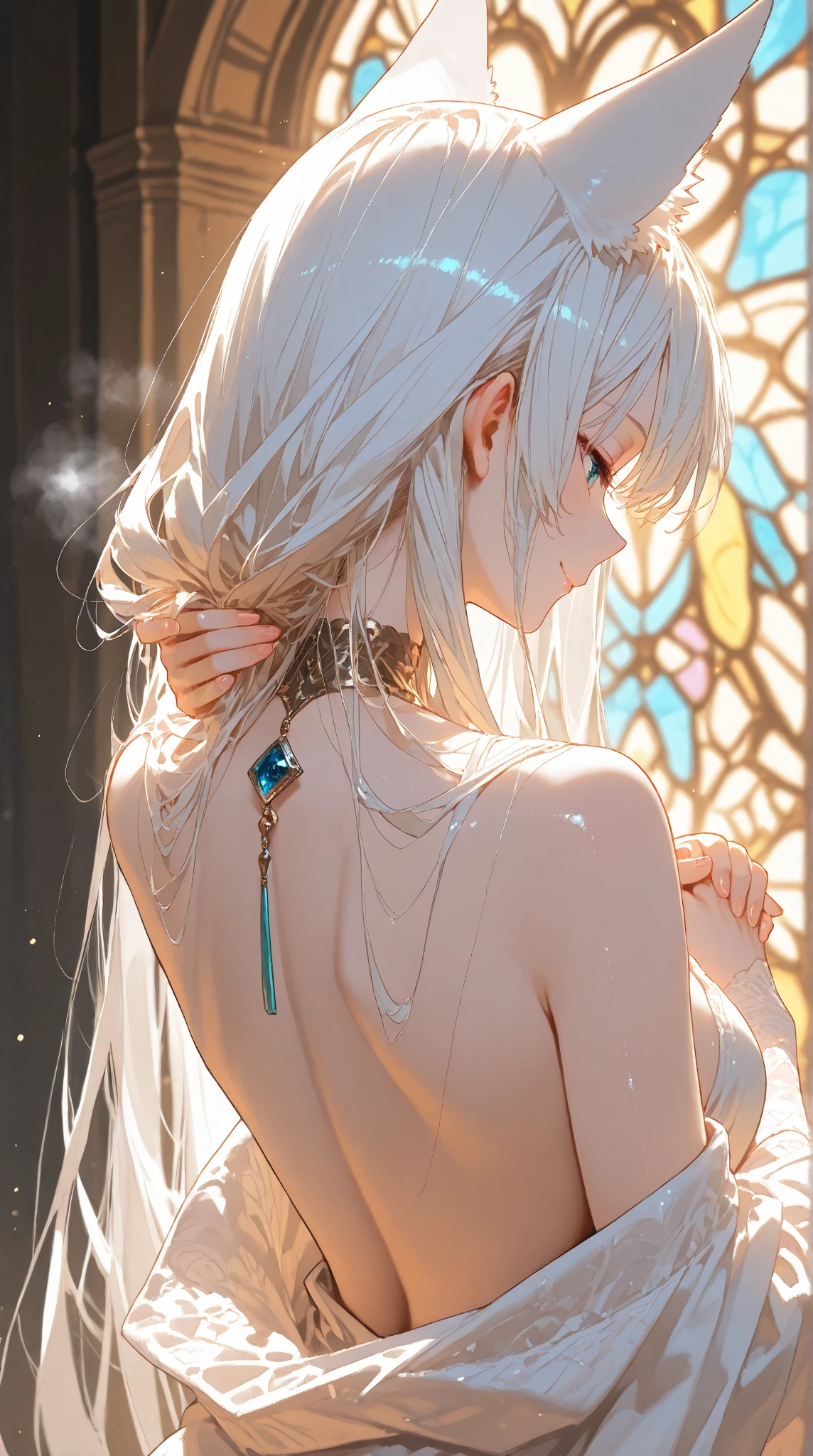 {(watercolor image:1.4),(renaissance style:1.2)}, BREAK, {erotic face,anguish,scream,(very very ecstasy:1.2),(writhing:1.4)},embarrassing,half open eye},{(very obscene pose:1.2),(arched back:1.2),(arch one's head:1.4),arms behind}, {(gray fundoshi:1.2), (wet clothes:1.4)}, BREAK, {(many Chains from all sides:1.4),(chains around the body:1.2), {(crotch chain shibari:1.2),(chain shibari:1.3),(chain bondage), (chain restraint),(chain bind limbs),(chain bind body),(chain in collar)):1.2, confinement, shackles}, BREAK, {(1 woman, small breasts), braid hair intricately},side view, {(dark church glowing stained glass:1.2)},BREAK,{glowing big tears,(enchanting eyes:1),extremely detail hair, (pure white skin:1.1)}