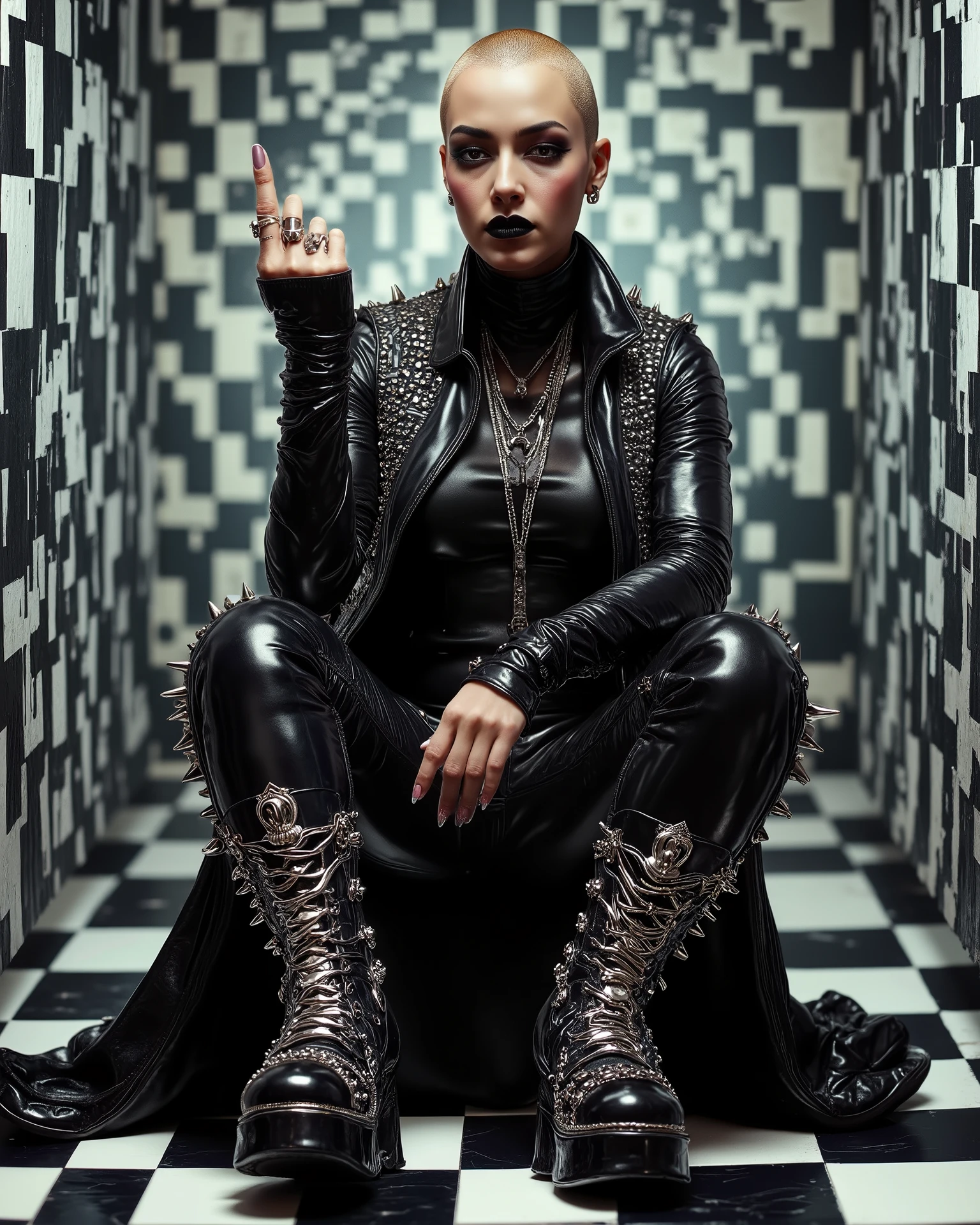 In an environment such as a checkerboard A surreal work that represents a Nordic woman fashion model. The beautiful punk metal woman wears black leather clothing and spikes with huge platform boots that combine intricate details with abstract and geometric shapes, It integrates seamlessly into the environment. with complex, with a surrealistic structure. The person wears black and white striped clothing that combines intricate details with abstract and geometric shapes and a shaved head, he shows his middle finger, The one in the middle of the hand as an insult. The background with black and white patterns. The general environment in their heads is dreamy, that turns the uterus upside down