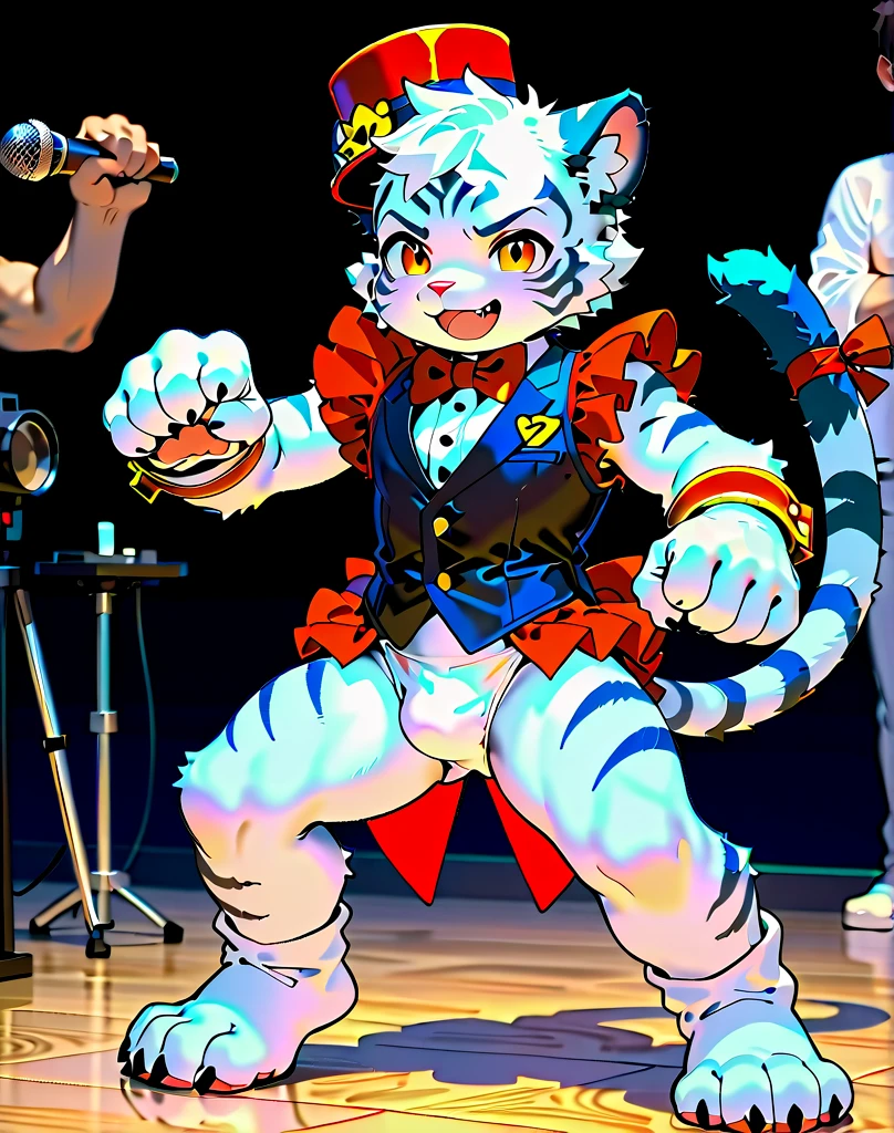 (best quality, masterpiece:1), furry male 1boy anthro angeldust, 4 arms, white striped suit, thigh boots, gold tooth, large chest fluff, choker, bowtie, looking at viewer, red gloves, grin, sharp teeth, bulge, pole dancing, club abstract spiderweb background,