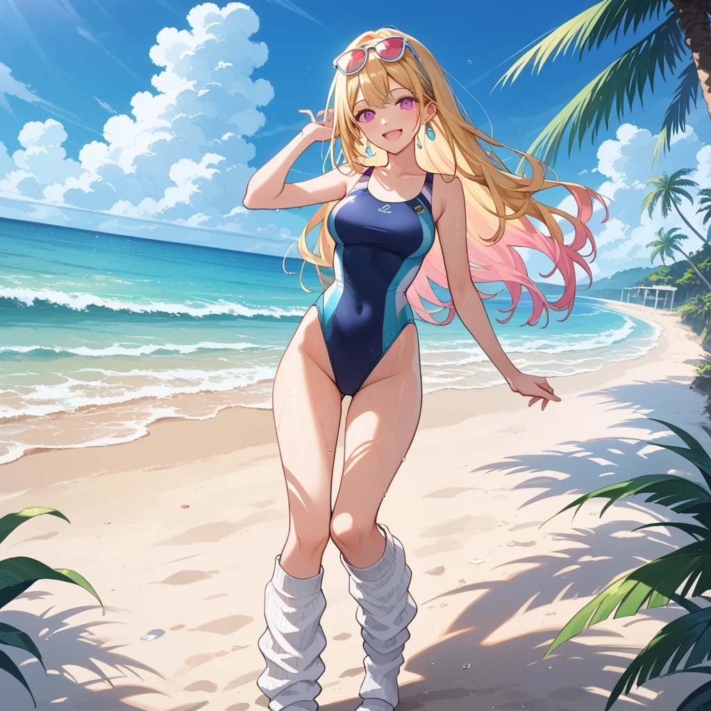 Highest quality,Highest Resolution,Smiling beauty in super high leg swimsuit,Swimming in the sea,Seaside,beach,sunny,whole body,up,Very beautiful eyes,