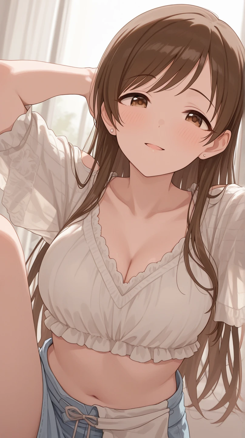 ((Tabletop, Highest quality, High resolution, , Pixel Perfect, 4K,))), 1 female, 、The whole body is visible、 ((Long Wavy Hair, bangs, Brown Hair)), ((Brown eyes, Beautiful eyelashes, Realistic eyes)), ((Detailed face, Blushing:1.2)), ((Smooth texture:0.75, Realistic texture:0.65, Realistic:1.1, Anime CG Style)), Medium sized breasts, Dynamic Angle, Perfect body, (( , , Off-the-shoulder sweater、No bra、、 Pink lace panties、、、)), Gold Hair Ornament、Cross Necklace、、Very embarrassing panic smile, 、、、、、Leaning forward、Nipples are slightly visible、Sidetick your butt out、Luxury apartment kitchen、、、、、、 、)、